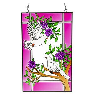 Doves in Rose Bushes Glass Hanging Suncatcher 16" x 10"